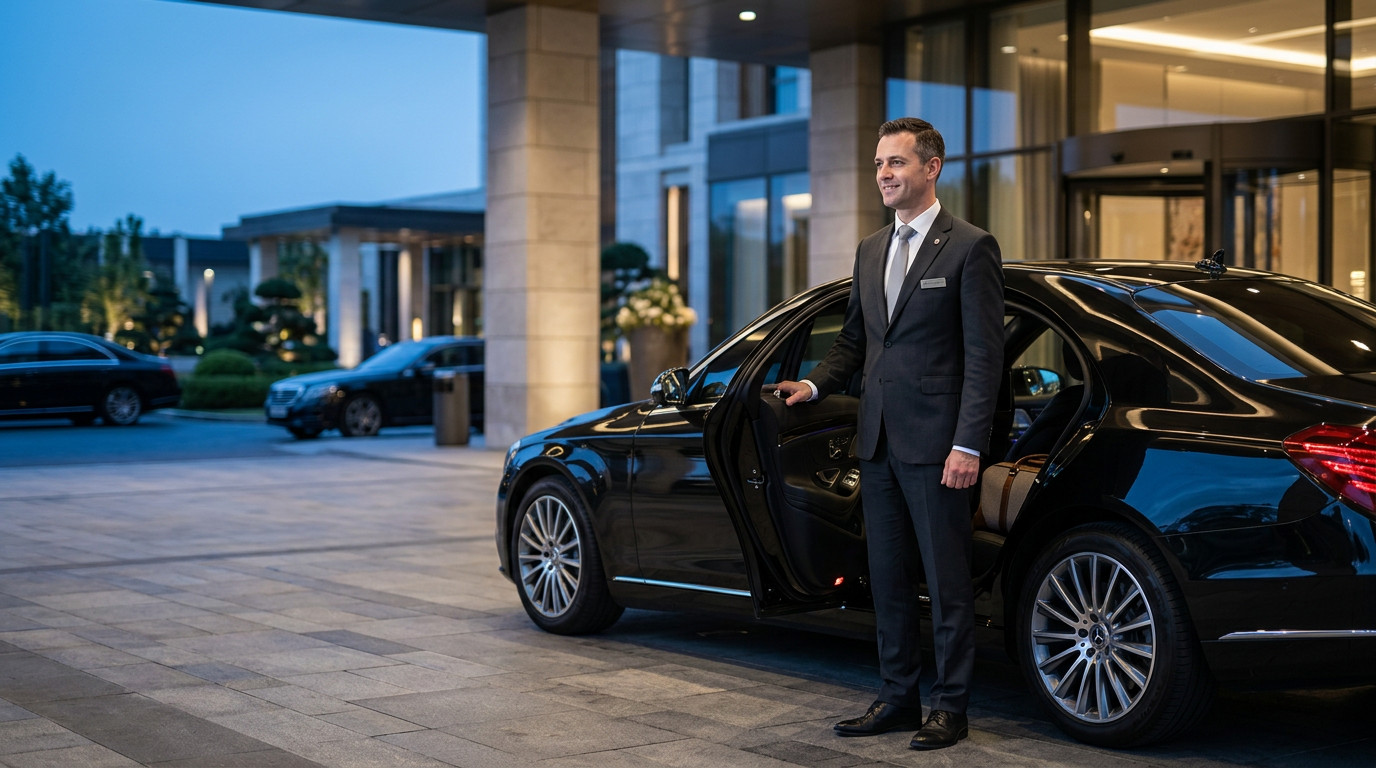Professional chauffeur holding the rear door of a black Mercedes S-Class outside a luxury London hotel at dusk